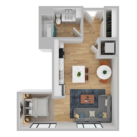A top down view of a modern apartment with a kitchen, living room, and bathroom.